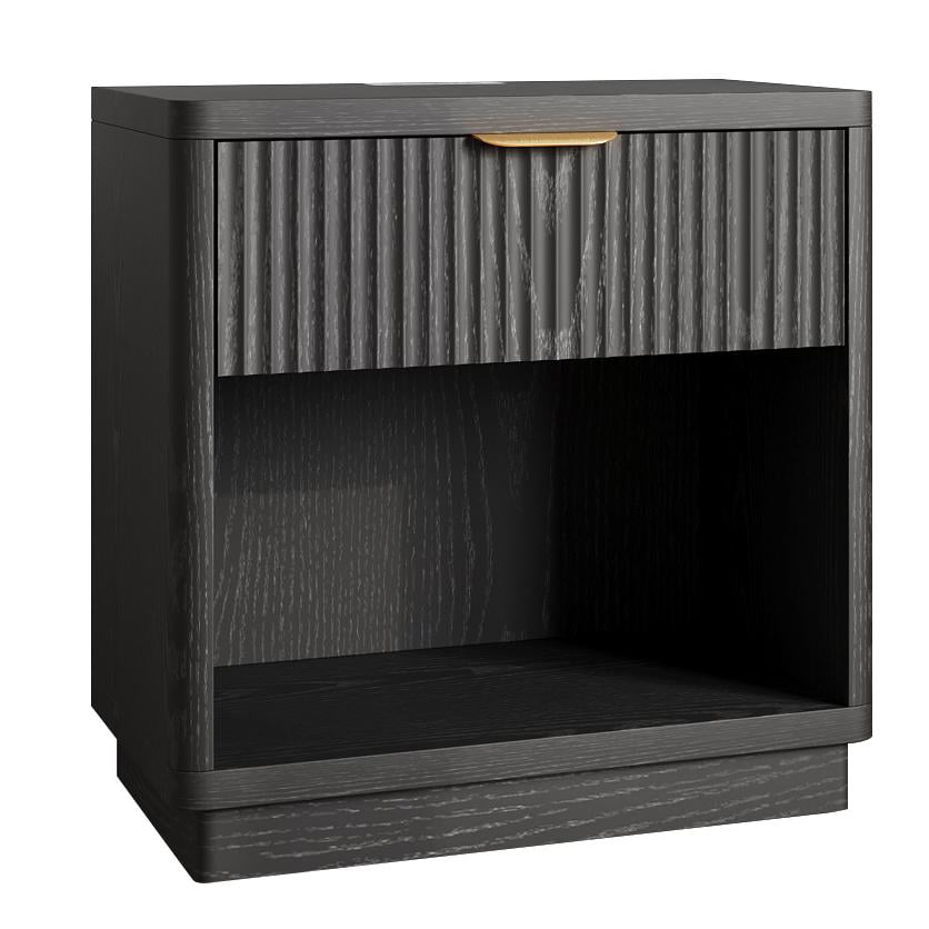 Pusnapku Fluted Night Stand, 22" Farmhouse Bedside Table with Charging Station, Curved Design Wood End Table with Drawer, for Living Room, Bedroom