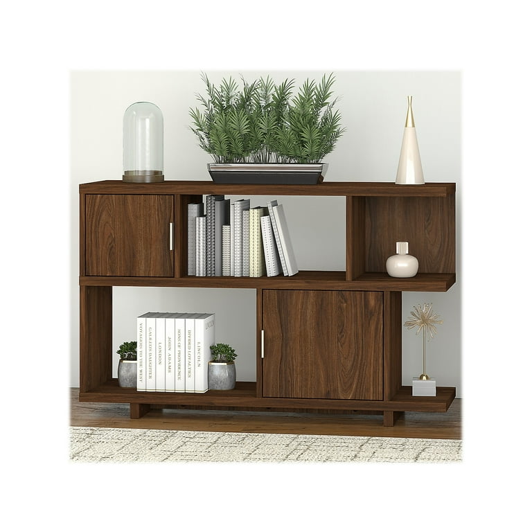 Kathy Ireland Home by Bush Furniture Madison Avenue Low Geometric Bookcase with Doors Color Modern Walnut