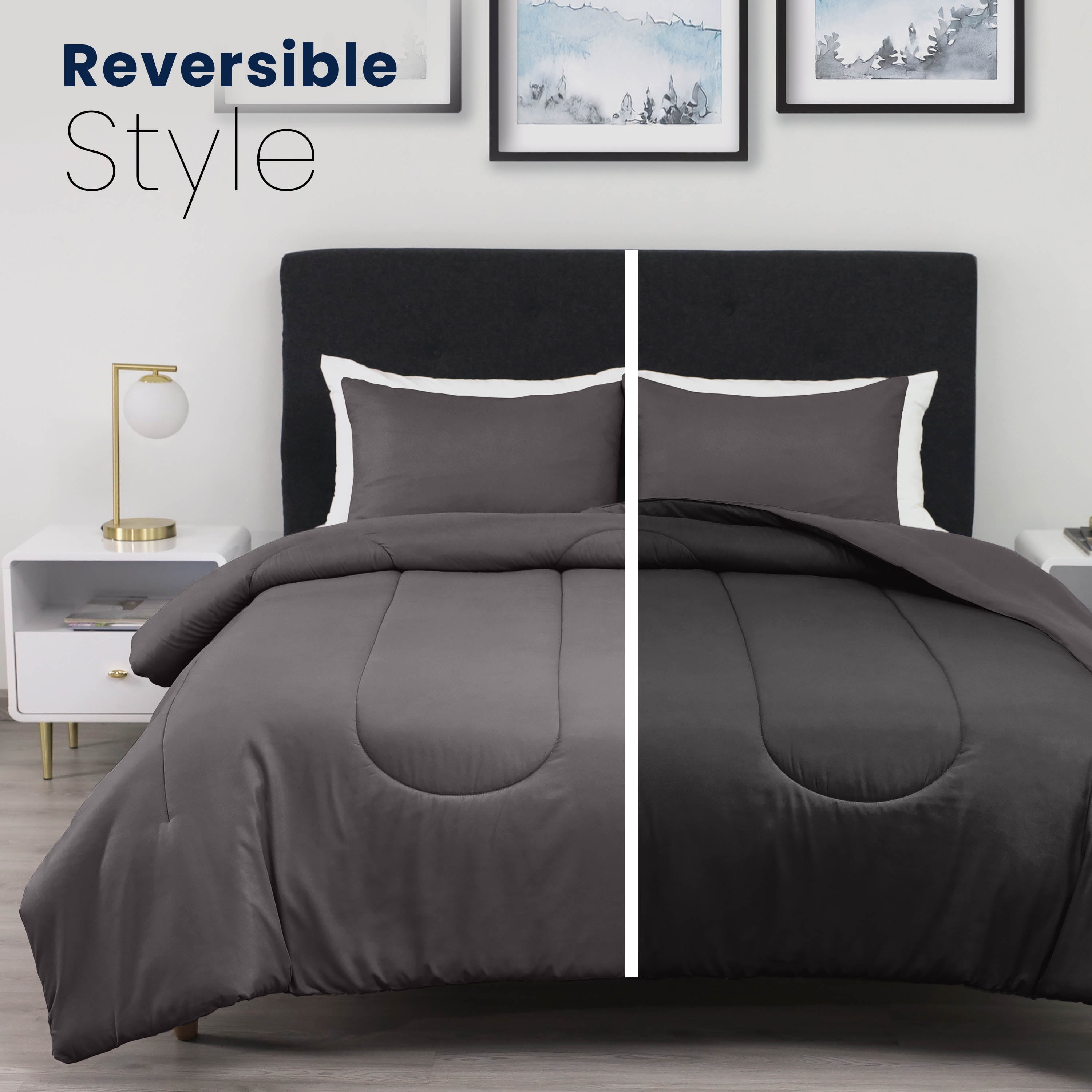 Martex 3-Piece King Reversible Comforter Set | Super Soft Lightweight | Graphite/Ebony