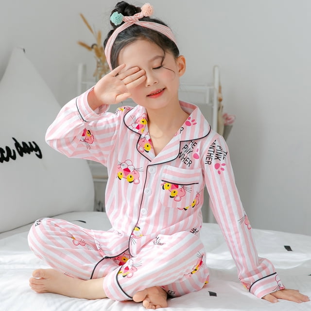 Pijamas para niñas Primavera y otoño Manga larga Niños Delgados Grandes Niños Princesa Niñas Traje de casa Solapa Ropa exterior