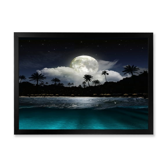 Designart 'Green Beach Under Tropical Full Moon' Modern Framed Art Print