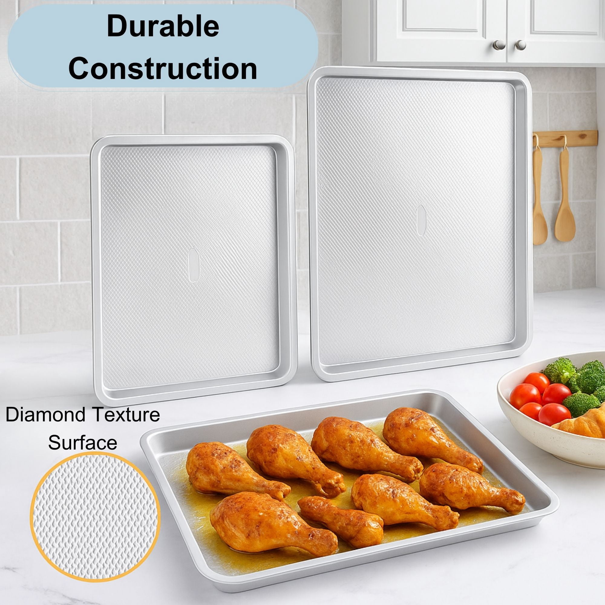 Bakdcore Baking Sheet Set of 3, Cookie Sheet Baking Sheet Pan, 18/15/13 Inch, Non Stick Heavy Duty Thick 0.8 Mm Baking Sheet, Stackable Design for Roasting, Baking & Toasting