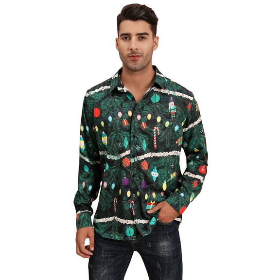 Mens Christmas Shirt Xmas Holiday Party Shirts Long Sleeve Snow Print Christmas Tree Shirt