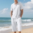 thumbnail image 4 of Makaor Linen Sets for Men Big and Tall 2 Piece Solid Color Matching Sets Beach Summer Outfits Short Sleeve T Shirts Drawstring Capri Pants Trendy Vacation Clothes, 4 of 8