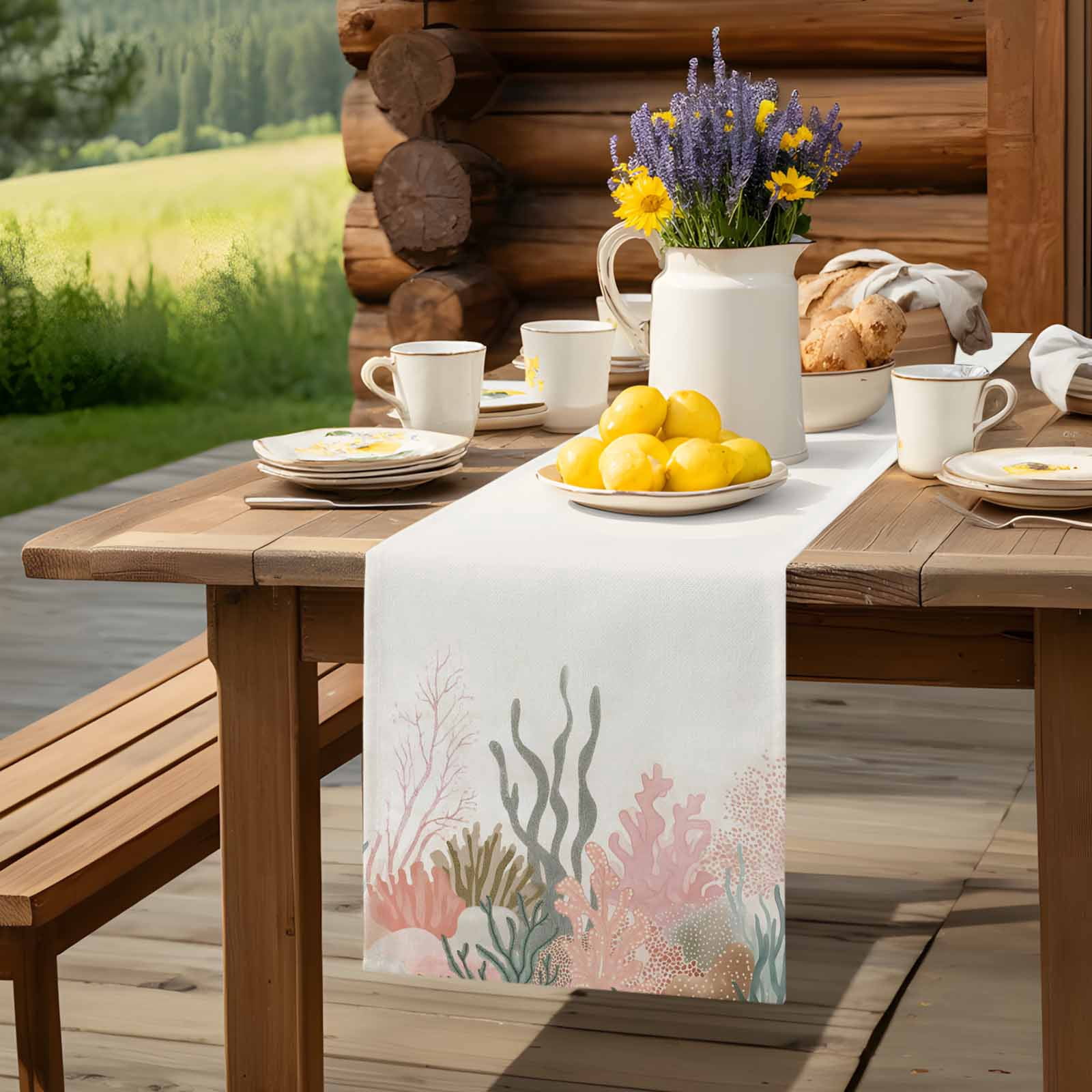 Watercolor Ocean Coral Table Runner 90 Inches Long, Abstract Marine Life Table Runners Tabletop Scarf Kitchen Dining Tables Decoration for Home Party Indoor Outdoor