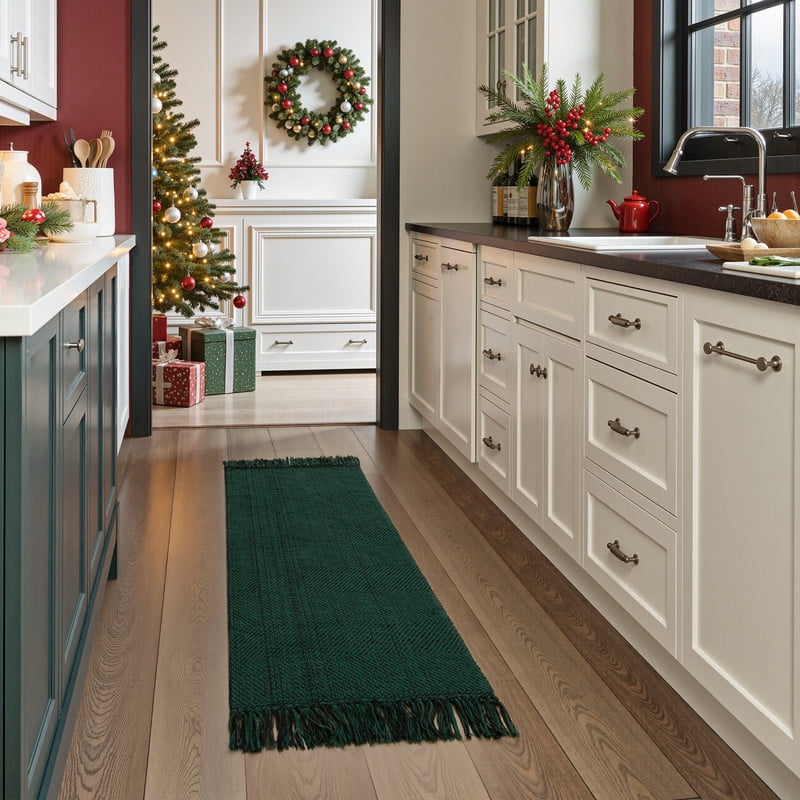 SUNDEREY 2'x4' Christmas Doormat Hallway Runner Rug,Washable Kitchen Floor Mat, Cotton Woven Reversible Entryway Rug, Holiday Xmas Decor Indoor Outdoor Throw Rug,Green&Black