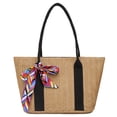 thumbnail image 2 of Bolso De Hombro Bolso de axila de paja para mujer con cremallera de playa de verano Color sólido con lazo de cinta, 2 of 8
