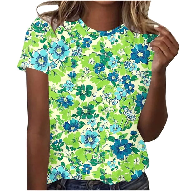 Camiseta de Cuello Redondo de Manga Corta con Impresión Floral para las Mujeres, Blusa de Poliéster Suave de Estilo de Vacaciones para el Uso Diario de Primavera Y Otoño