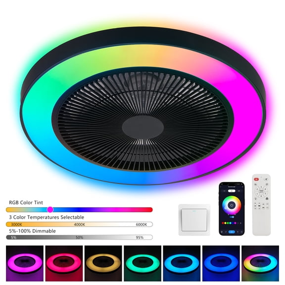 Jopath 19-inch Black Ceiling Fan Light with LED RGB, Dimmable & Color-Changing, APP & Remote Control, Smart Ceiling Fan for Living Room, Bedroom, and Dining Room (Silent/6-Speed/Reversible/DC Motor)