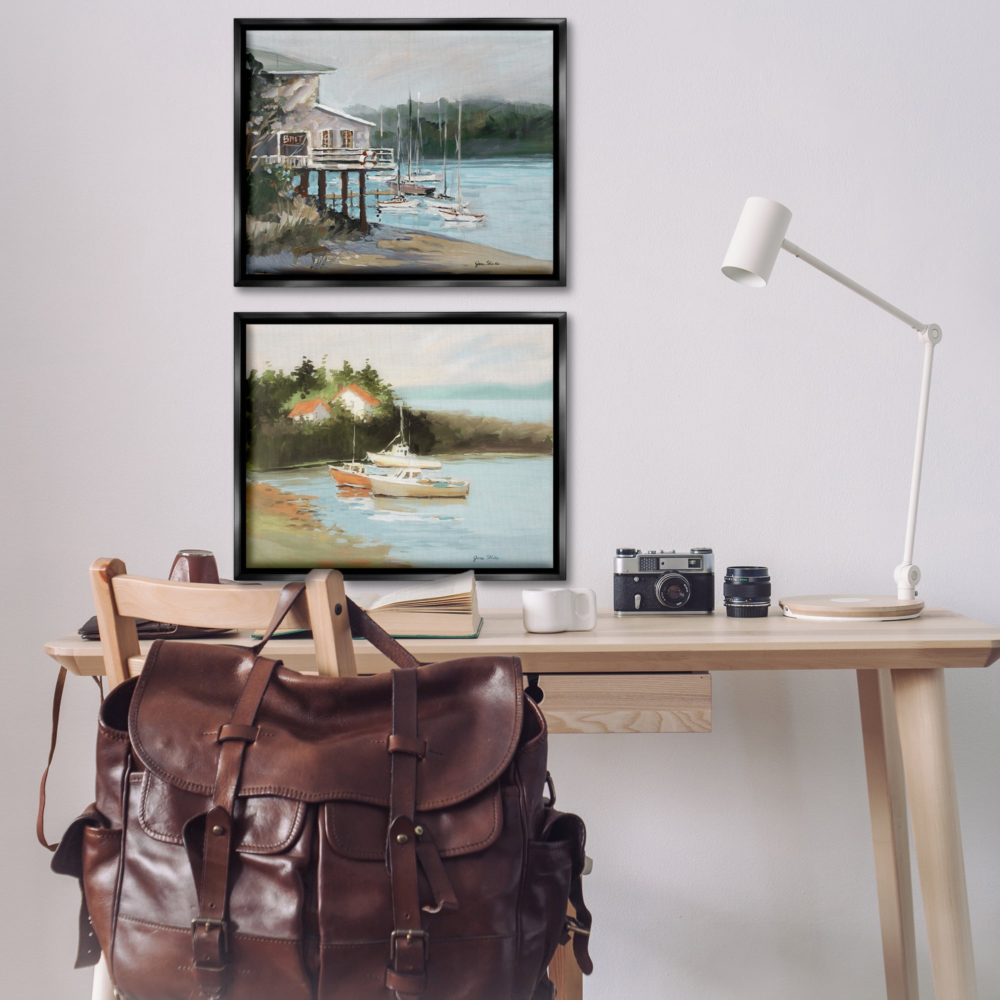 Stupell Industries Boat Lakeshore Landscape Landscape & Nature Painting Black Floater Framed Canvas Art Print Wall Art, 31 x 25, Set of 2