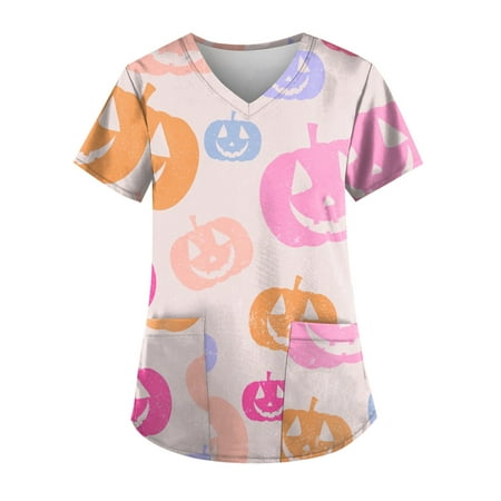 

Sksloeg Sksloeg Scrubs Tops Women Plus Size Leopard Pumpkin Print Scrub Shirt Tops Short Sleeve V-Neck Working Uniform Workwear with Pocket Hot Pink M