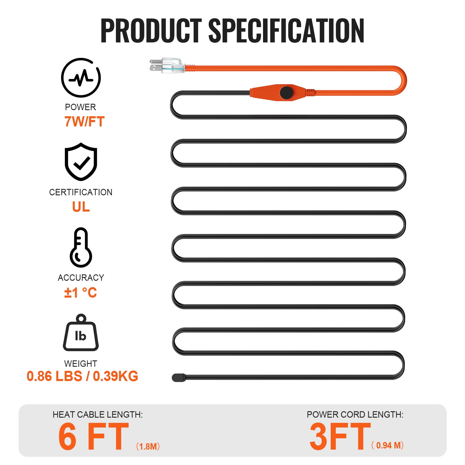 KFFKFF Pipe Warming Cord, 6FT 7W/FT Heating Strip for Tubes with Integrated Temperature Control, Water Pipe Warming Wire Safeguards PVC Tubing, Metallic and Synthetic Tubes from Cold Conditions