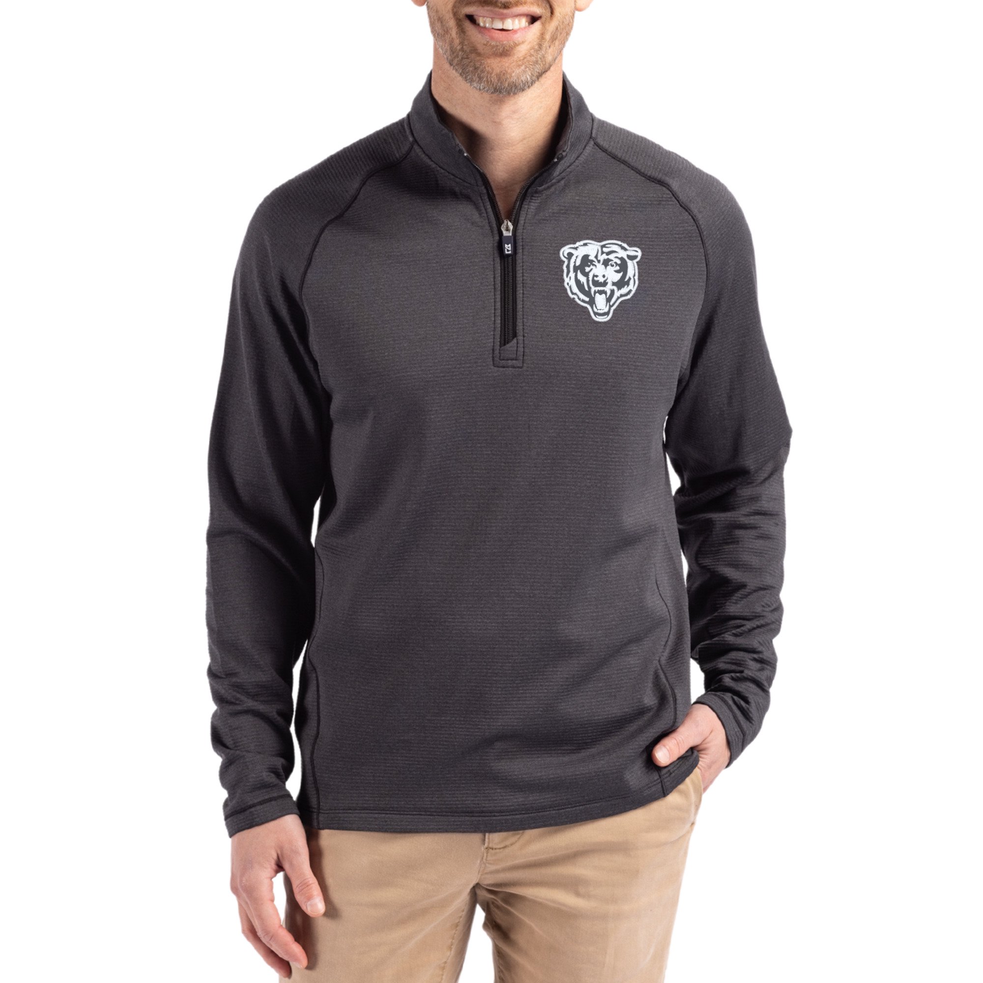 Men's Cutter & Buck Heather Black Chicago Bears Peshastin Eco Fleece Tri-Blend Raglan Recycled Quarter-Zip Jacket