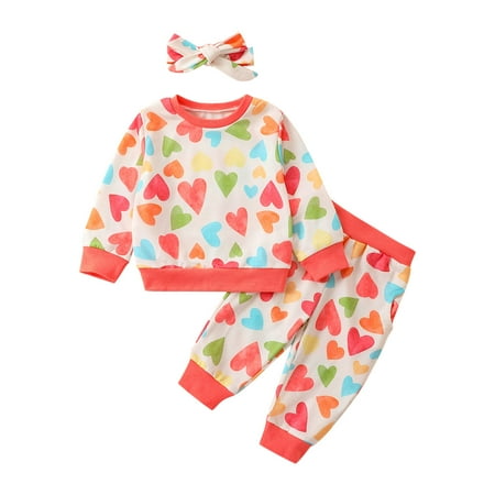 

Jalioing Infant Baby Girls 3 Piece Loungewear Set Heart Print Sweatshirt Elastic Rise Pant and Bow Headdress (9-12 Months White)