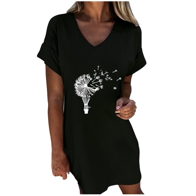 Robe T-Shirt pour Femmes Décontractée d'Été à Col en V à Manches Courtes à Imprimé Graphique Robe d'Été Coupe Ample Plage Vacances Robe Courte
