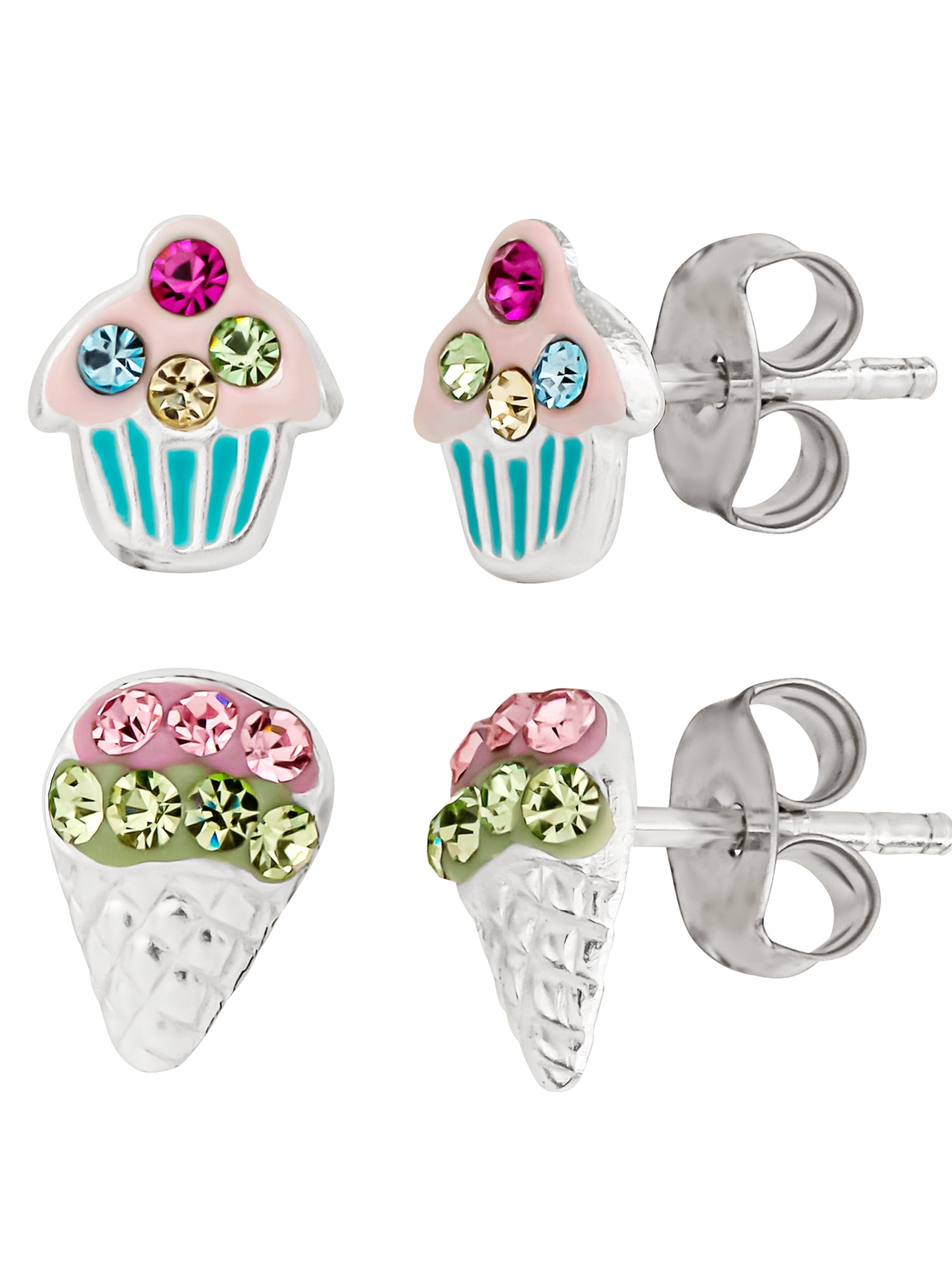 Brilliance Fine Jewelry Girls Sterling Silver Crystal Cupcake and Snowcone Stud Earring Set