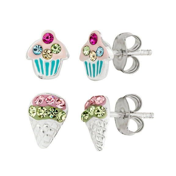 Brilliance Fine - Women's Girl’s Sterling Silver Crystal Cupcake and Snow- cone Stud Earring Set