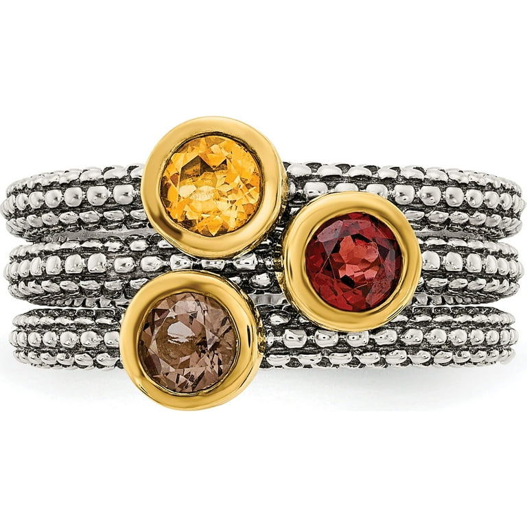 Sterling Silver Set of 3 Flash Gold Garnet, Citrine & Smoky Quartz Stackable Rings Sterling Silver Set of 3 Flash Gold Garnet, Citrine & Smoky Quartz Stackable Rings