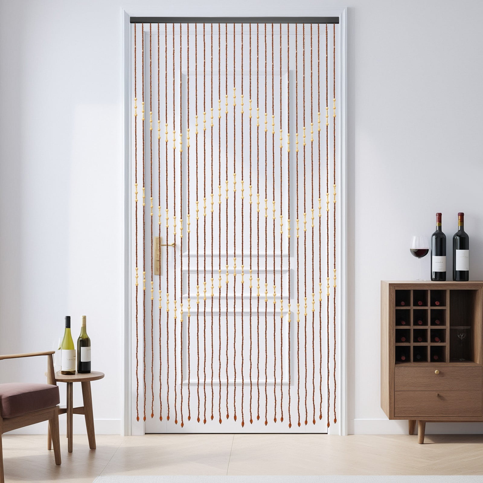 Wood Beaded Curtain 27 Line Wave Dense Fringe Beaded Door Curtain Retro Room Divider 90 x 175 cm