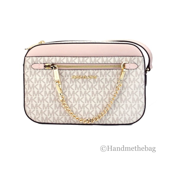 Open Box Michael Kors Adult Saffiano Leather Chain Zip Crossbody Handbag, Vanilla/Powder Blush