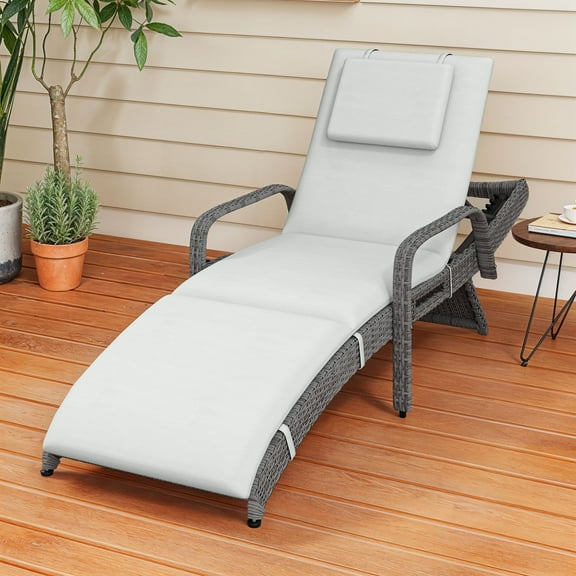 Uforic Outdoor Wicker Chaise Lounge, Reclining Rattan Chair with Pull-Out Tray and Cushions (Gray)