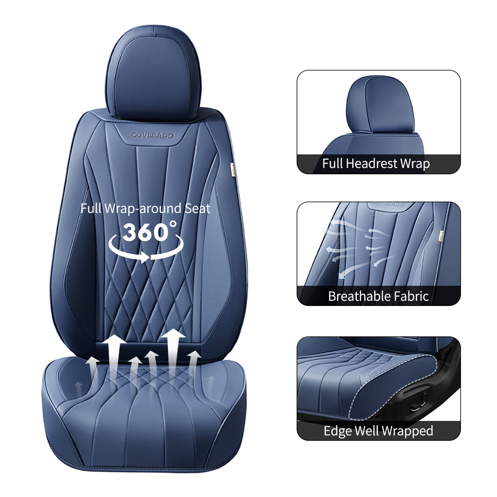 Coverado Front Car Seat Covers, Premium Leather Seat Protectors, Sleek Design Universal Fit for Most Cars, Blue