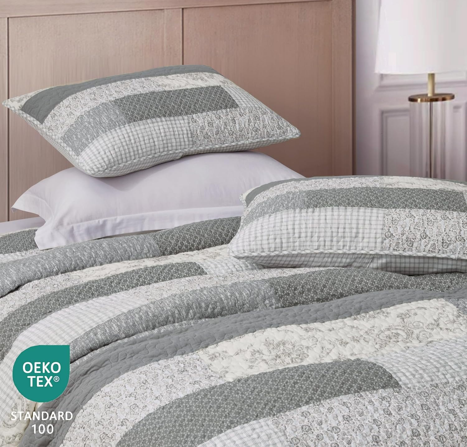 Chezmoi Collection 3-Piece Muted Gray White Ivory Floral Plaid Rectangular Patchwork Cotton Quilt Reversible Lightweight Bedspread Set, Oversized King 120x96