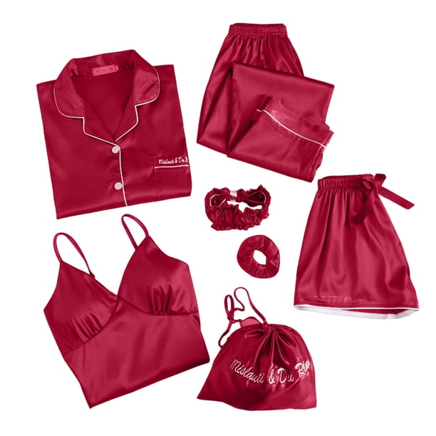 Conjunto de ropa de estar por casa de 7 piezas para mujer con pantalones cortos de manga larga y tirantes - Pijama de poliéster de color liso con bolsa de almacenamiento y accesorios