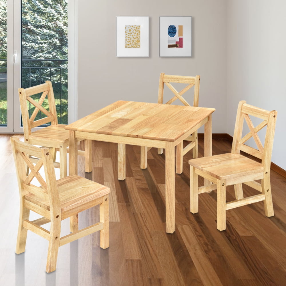 eHemco Solid Hard Wood Kids Table and X-Back Chairs (4 Chairs Included), Natural, 5 Pieces Set