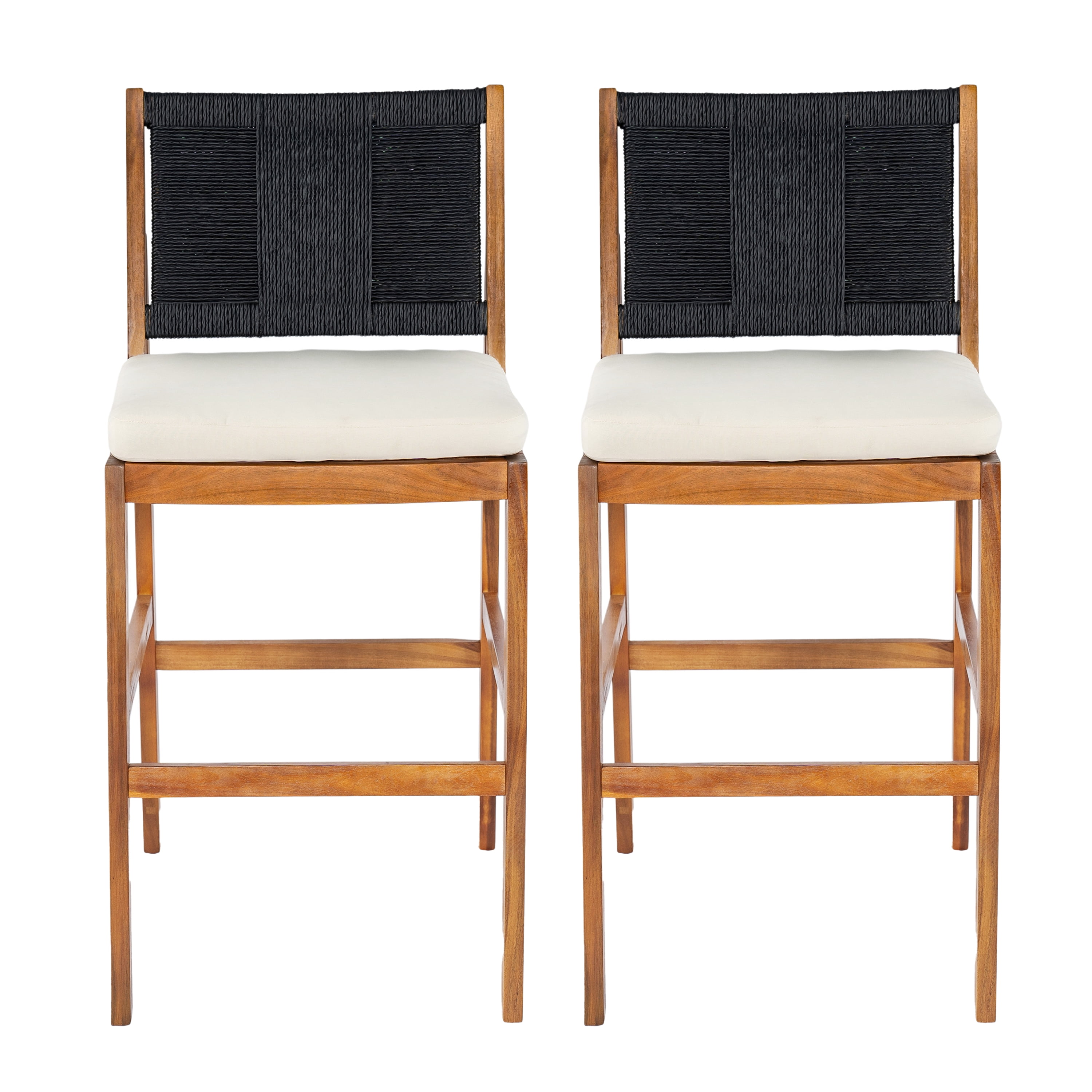 Bar Stools Set of 2, Outdoor Acacia Wood Teak Finish Bar Height Chairs with Cream Cushion, Teak