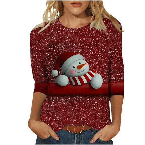 GA WEIHUA Online Deals,Women's 2024 Fashion Tops 3/4 Sleeve T-Shirts Vintage Christmas Graphic Crewneck Basic Holiday Tees Blouses(Wine,Small)