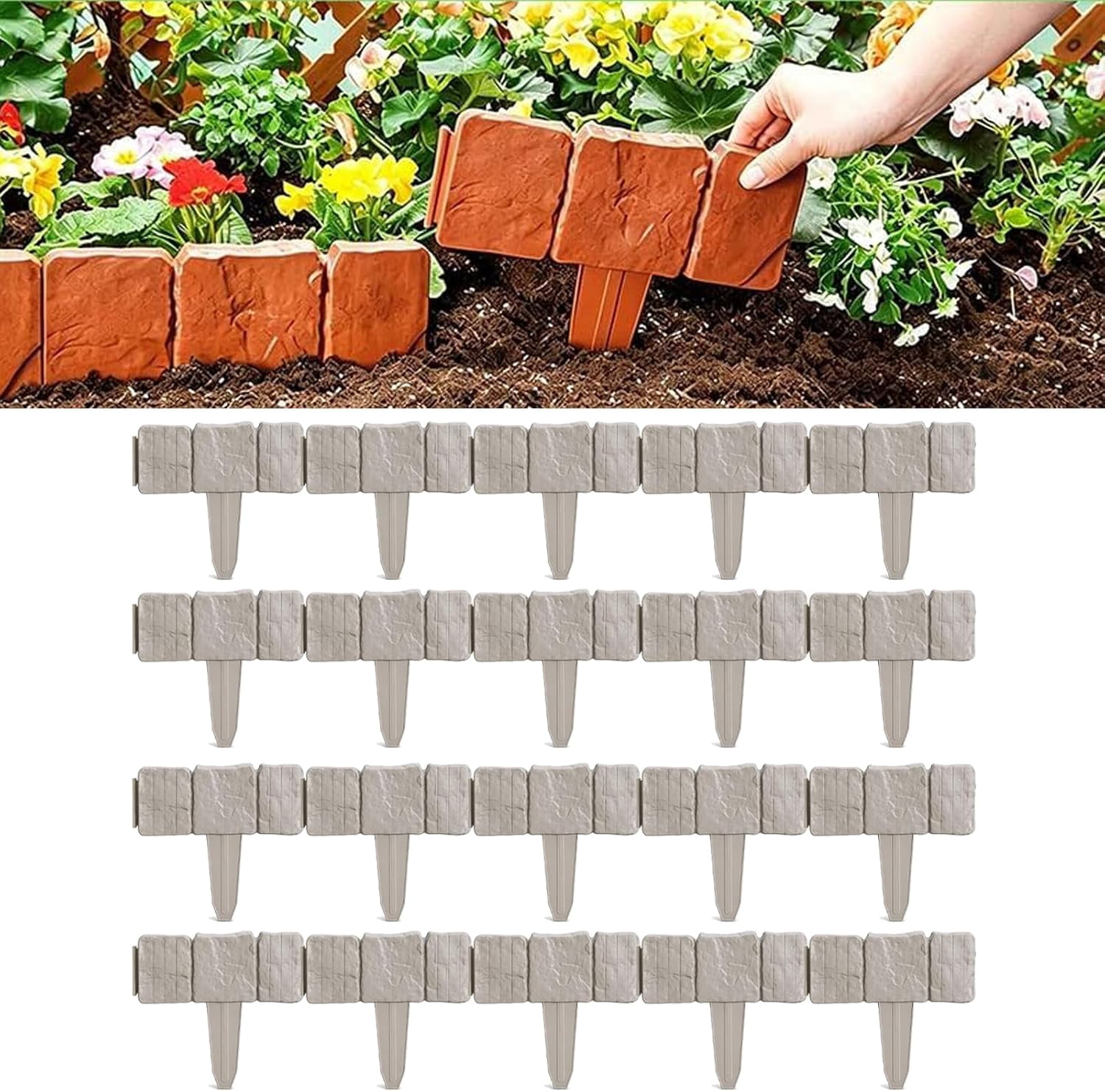 Plastic Garden Retaining Fence, Stone-Look Lawn Edging Border with Flexible Interlocking Design, No Dig Weatherproof Decorative Landscape Edging for Outdoor Yard (Milky White,20)