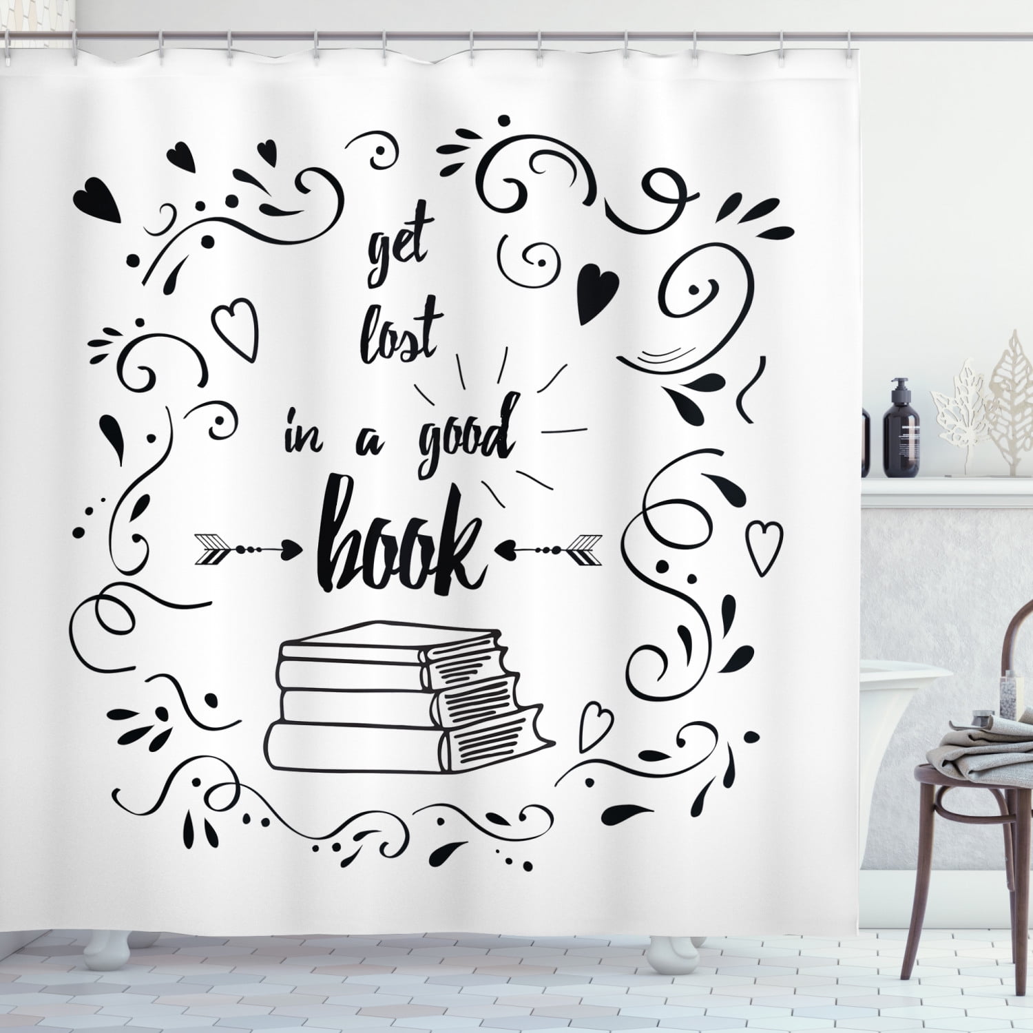 Ambesonne Book Shower Curtain, Get Lost in a Book, 69"Wx70"L, Black