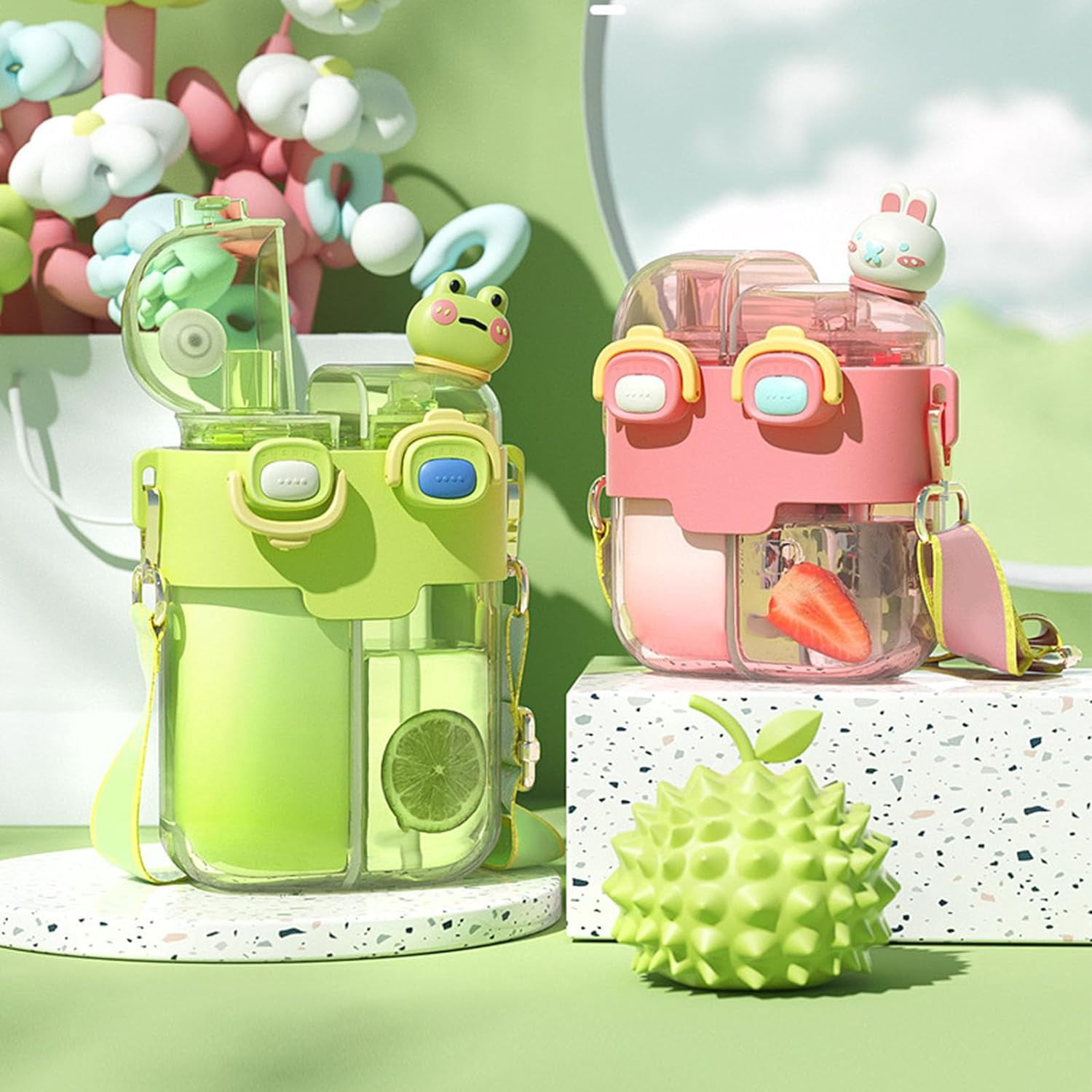 CATPAN Fdit Kawaii Water Bottles with Straw, Fashion Plastic Double Drinking Water Bottle Adjustable Strap for Sports Fitness Gym Camping (Lime Green 780ml)