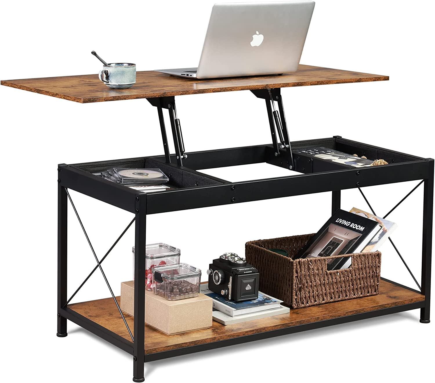 Lift Top Coffee Table with Storage Shelf and 2 Hidden Drawer