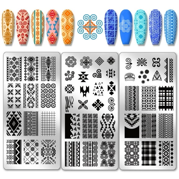 3pcs Geometric Nail Stamping Plates Mosaic Nail Art Templates Exotic Frmae Nail Art Stencils Stripe Grid Stainless Steel Nail Image Plates
