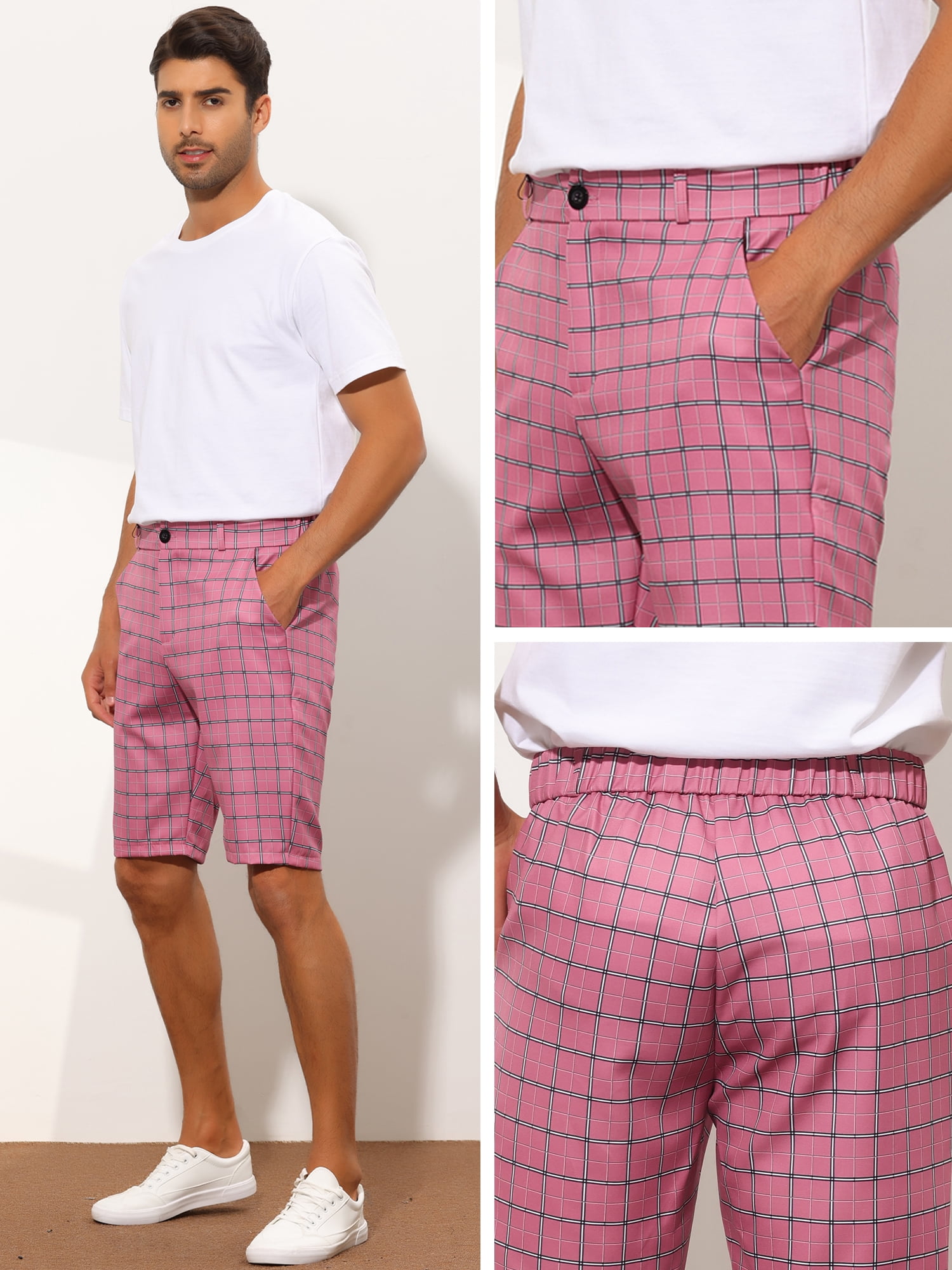 Unique Bargains Men's Plaid Shorts Straight Fit Comfort Flat Front Checked Shorts 32 Pink