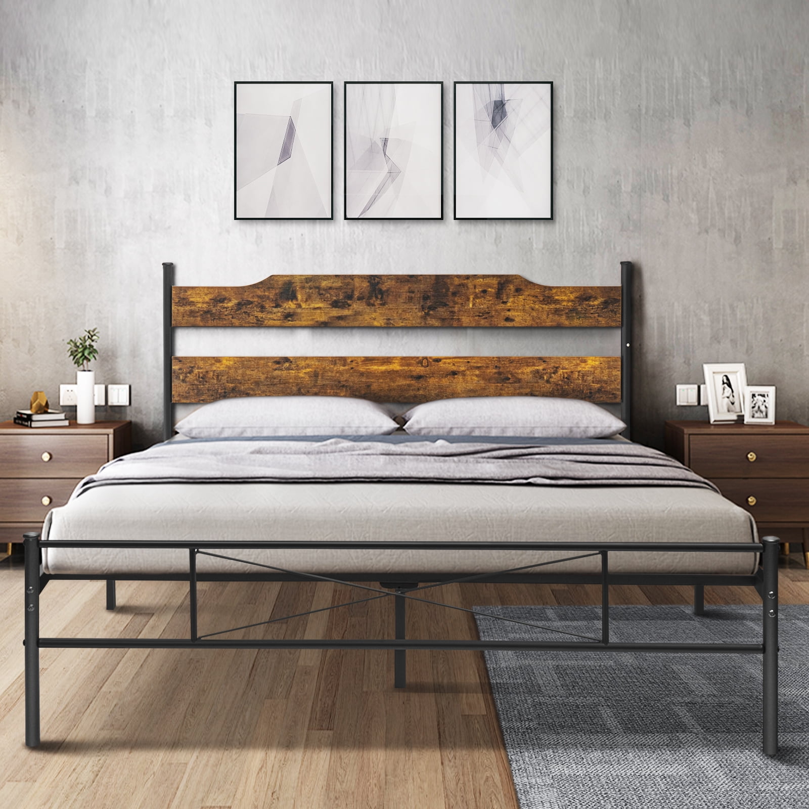 Queen Size Bed Frame With Headboard 14 inches Metal Platform Queen Bed ...