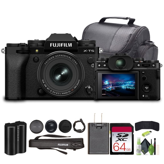 Fujifilm X-T5 Professional Compact Digital Mirrorless Camera With XF 16-50mm f/2.8-4.8 Lens (Black) Bundle With 64GB UHS-II SDXC Memory Card   Travel Bag and Lens Cleaning Kit