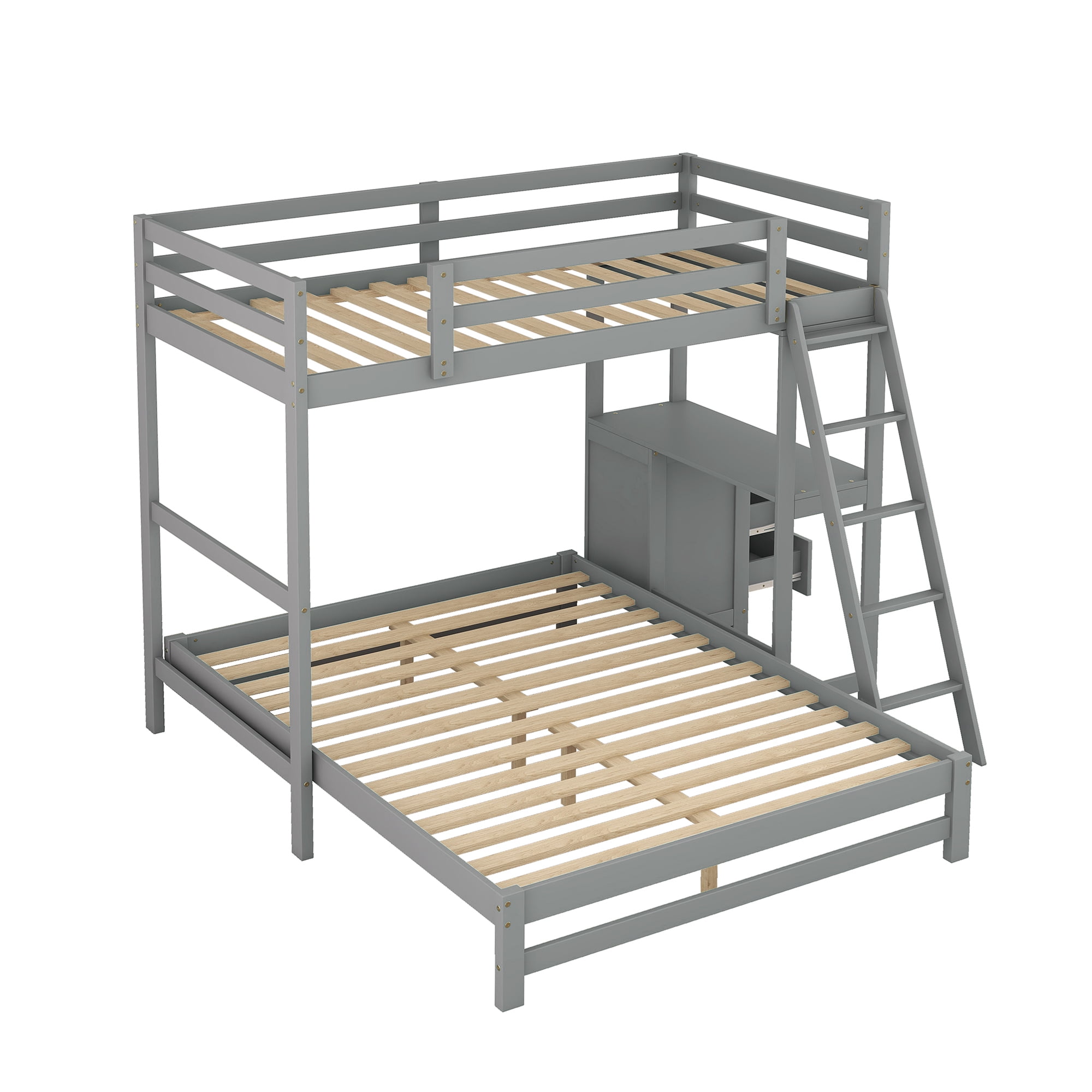 EUROCO Twin over Full Bunk Bed with Desk and Drawers for Kids Teens Room, Gray