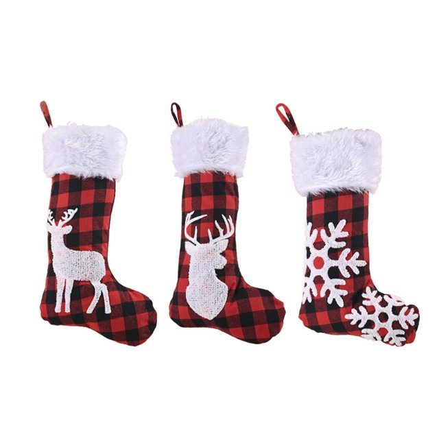 pitrice 3PCS Christmas Stocking Red and Black Grid Elk Snowflake Xmas Character Socks Christmas Tree Pendant