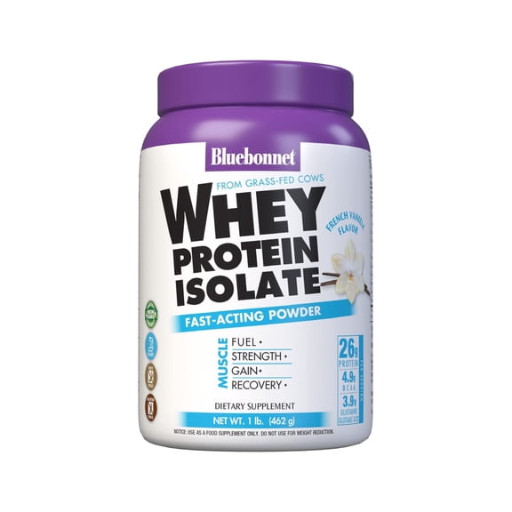 Bluebonnet Whey Protein Isolate Powder 26g From Grass Fed Cows, Vanilla, 1 lb