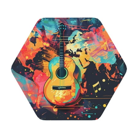 

Pofeuu World Map Guitar Illustration Print Leather Coasters Set of 6 Round Cups Mugs Mat Pad for Home Kitchen Heat Resistant Drink Coasters Hexagon