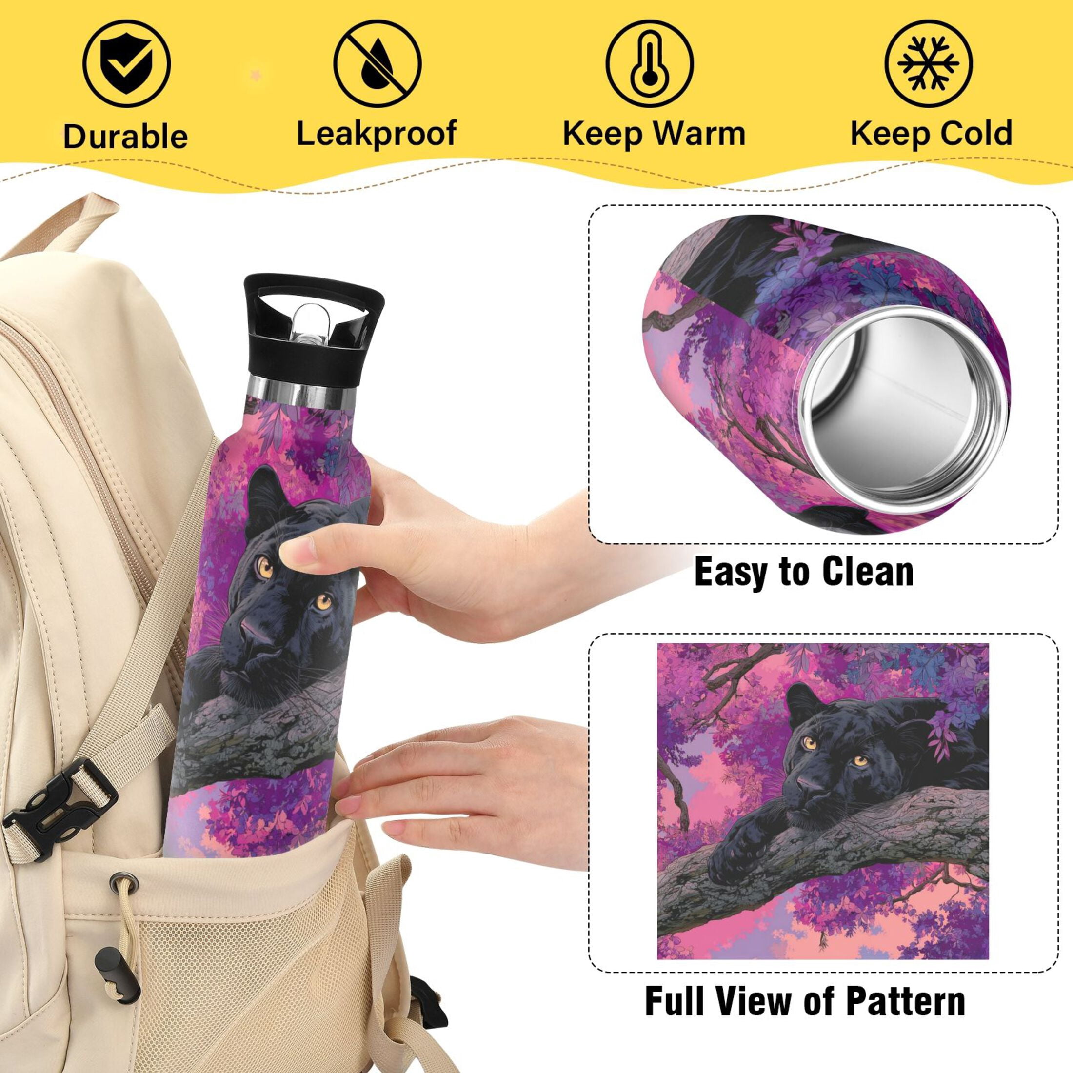 Kids Insulated Stainless Steel Sports Water Bottle 600ml Black Panther Pattern