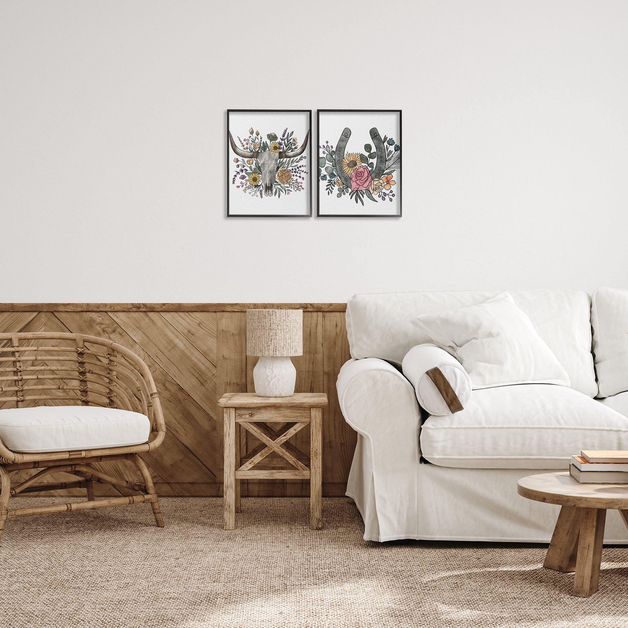 Stupell Industries Boho Longhorn & Horseshoe 2 Piece Black Framed Giclee Art Set, design by Alisha Kiara Design