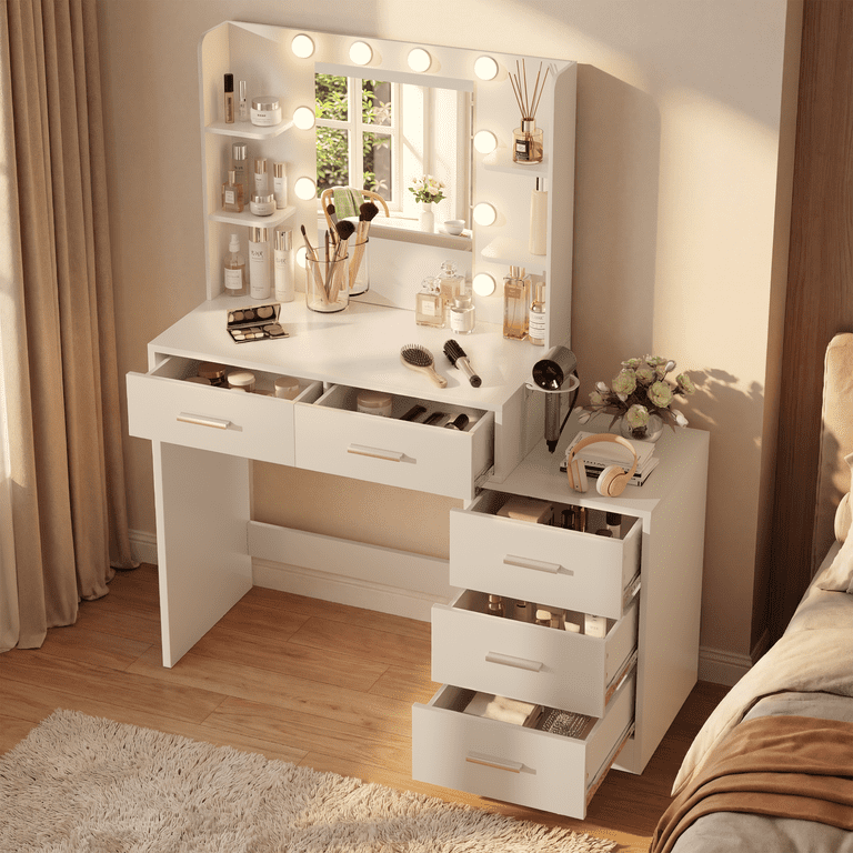 Lacoo Vanity Desk with 5 Drawers & Charging Station, Makeup Vanity with Lights & 4 Shelves, Dressing Table for Bedroom, White
