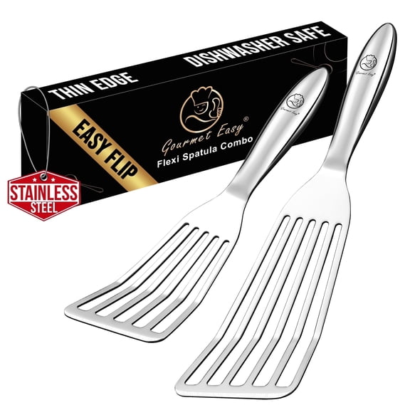 Gourmet Easy-Stainless Steel Fish Spatula Set – 1 Large Fish Turner + 1 Small Metal Spatula, Ultra Thin Edge for Easy Turning & Flipping, Metal Kitchen Untensils with Ergonomic Non-Slip Handle