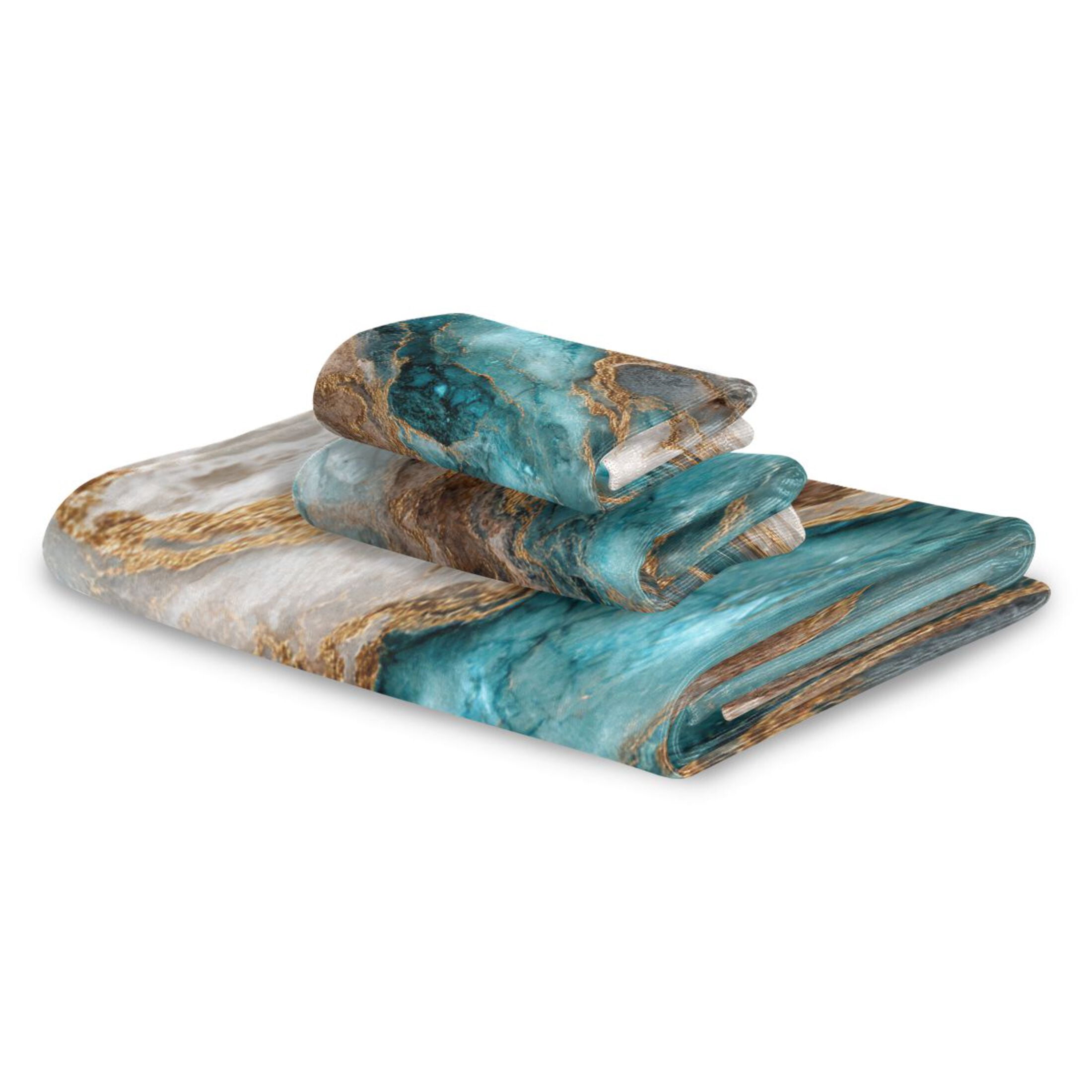 3 Sizes of Towel Sets Including Bath Towel Hand Towel and Washcloth for Daily Use Turquoise and Gold Marble