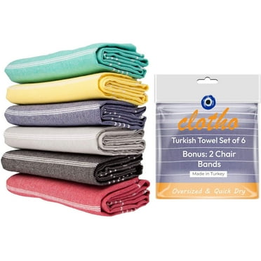 Turkish Beach Towel Set of 6 with 2 Towel Band - 100% Cotton 39 x 70 Inches (Classic)