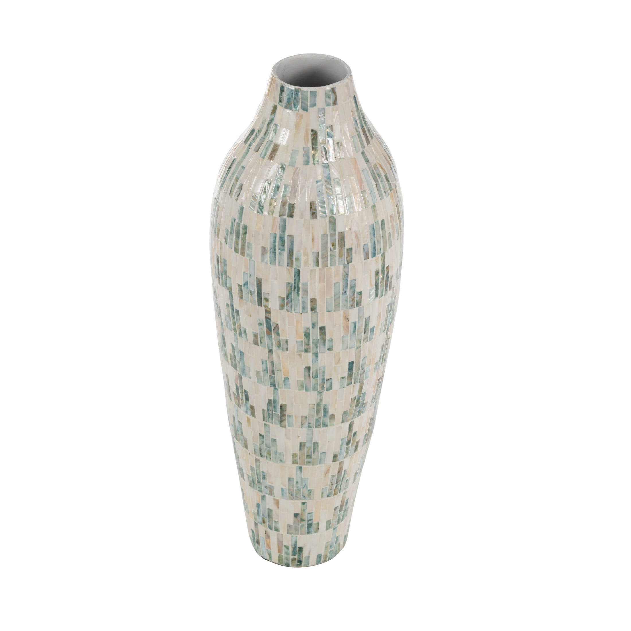 DecMode 28" Handmade Mosaic Inspired White Mother of Pearl Shell Vase with Pastel Blue and Pink Accents